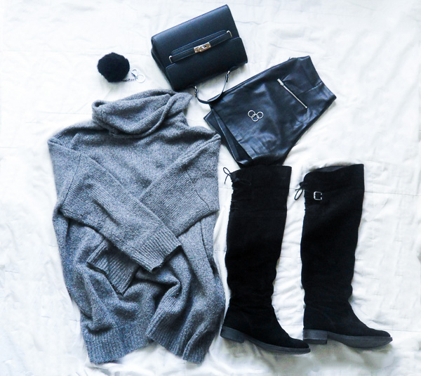 What to Wear to College: oversized sweater, over-the-knee-boots, leather shorts