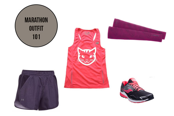what to wear running the boston marathon: collage with hot pink cat singlet, purple shorts, pink arm warmers