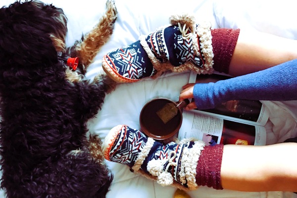 cozy slippers with coffee and dog
